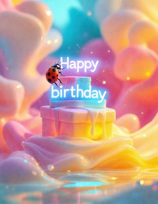 The primary subject of the image is a birthday cake with a ladybug on top. The cake is placed on a pink and yellow background, which adds a vibrant and cheerful atmosphere to the scene. The visual style of the image is a combination of photo and digital art, creating a unique and eye-catching presentation. The colors and mood of the image are predominantly pink, yellow, and light blue, reflecting a warm and celebratory mood.