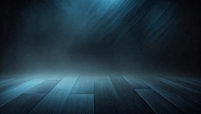 The primary subject of the image is a wooden floor with a blue tint. The setting is a dark room, and the visual style appears to be a digital art or illustration. The dominant colors are blue and black, creating a moody atmosphere.