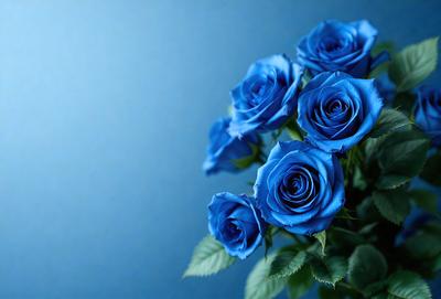 The primary subject of the image is a bouquet of blue roses. The setting is a blue background, which creates a striking contrast with the blue flowers. The visual style is a close-up of the flowers, showcasing their beauty. The colors and mood of the image are predominantly blue, giving it a calm and serene atmosphere.