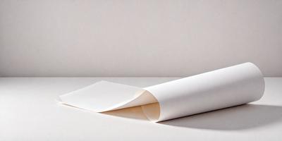 The primary subject of the image is a white sheet of paper. The setting is a white background, which creates a clean and minimalist appearance. The visual style is a photo, capturing the paper in its natural form. The colors and mood of the image are predominantly white, giving it a calm and serene atmosphere.