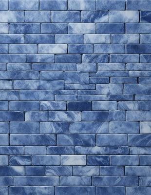 The primary subject of the image is a blue brick wall. The setting is a brick wall with a blue tint, and the visual style is a close-up of the brick wall. The dominant colors are blue and white, creating a calm and serene atmosphere.