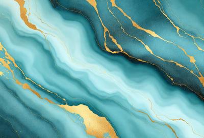 The primary subject of the image is a blue and gold marbled wallpaper. The setting is a room with a blue and gold marbled wallpaper, which creates a unique and visually appealing atmosphere. The visual style is a combination of digital art and illustration, as the marbled pattern is created using a digital medium. The dominant colors are blue and gold, which evoke a sense of luxury and sophistication.