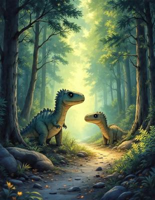 The image features two dinosaurs standing in a forest, surrounded by trees. The dinosaurs appear to be looking at each other, creating a sense of connection or interaction between the two. The forest setting provides a natural and serene atmosphere, while the presence of the dinosaurs adds a sense of adventure and curiosity. The visual style of the image is a combination of digital art and illustration, giving it a unique and engaging appearance.
