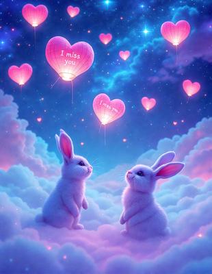 The primary subject of the image is two white bunnies standing on a cloud. The setting is a pink and purple sky filled with hearts, creating a whimsical and romantic atmosphere. The visual style is a digital art or illustration, with the bunnies and hearts appearing as part of a larger, intricate design. The colors and mood of the image are predominantly pink and purple, giving it a warm and loving feel.