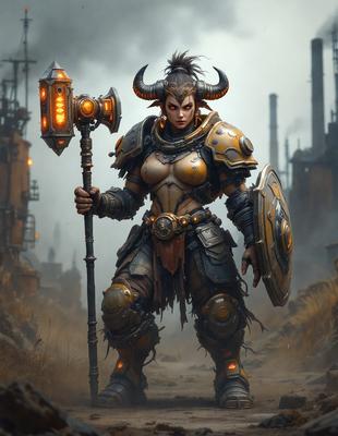 The primary subject of the image is a woman dressed in a warrior costume, holding a large hammer. She is standing in a dirt field, which serves as the setting for the scene. The visual style of the image is digital art, as it appears to be a digital illustration or drawing. The dominant colors in the image are earth tones, such as brown and yellow, which create a sense of a warrior's battlefield. The overall atmosphere of the image is one of strength and determination.