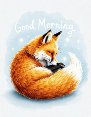 The primary subject of the image is a fox, which is depicted in a cute and playful manner. The fox is laying down and appears to be sleeping or resting. The setting is a blue background, which adds a sense of calmness to the scene. The visual style is a combination of digital art and illustration, creating a whimsical and charming appearance. The colors are predominantly orange and blue, which evoke a warm and cozy atmosphere.