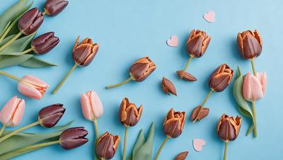 The primary subject of the image is a bouquet of tulips, which are the main objects in the scene. The setting is a blue background, which provides a contrasting and visually appealing backdrop for the flowers. The visual style of the image is a close-up of the tulips, showcasing their details and textures. The colors of the tulips are predominantly orange and pink, creating a warm and vibrant atmosphere.