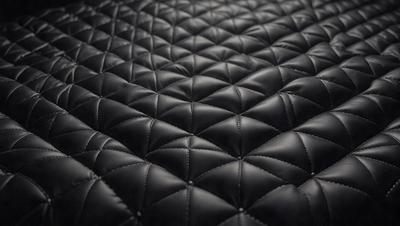 The primary subject of the image is a black and white patterned surface, which appears to be a quilt or a piece of fabric. The setting is a black background, which emphasizes the pattern and texture of the surface. The visual style is a close-up of the pattern, showcasing the intricate details of the design. The colors and mood of the image are predominantly black and white, giving it a classic and timeless appearance.