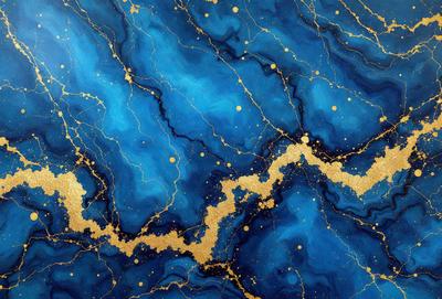 The primary subject of the image is a blue and gold painting, featuring a blue background with gold stars and lines. The setting is a wall, and the visual style appears to be a digital art or illustration. The dominant colors are blue and gold, creating a serene and calming atmosphere.