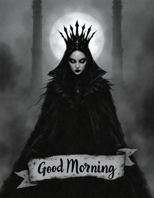 The primary subject of the image is a woman dressed in a black gown, wearing a crown and standing in front of a castle. The setting is a dark, moody environment, with the woman being the main focus of the image. The visual style is a digital art or illustration, with the woman being the main object, scene, or focus of the image. The colors and mood are dark and mysterious, with the woman's outfit and the castle's architecture contributing to the overall atmosphere.