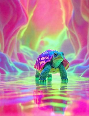 The primary subject of the image is a small, colorful turtle. The turtle is standing in a body of water, which appears to be a mix of water and neon colors. The setting is a vibrant, artistic environment, with the turtle being the main focus of the scene. The visual style of the image is a combination of photo and digital art, creating a unique and eye-catching appearance. The colors and mood of the image are lively and energetic, with the neon colors adding a sense of excitement and playfulness to the scene.