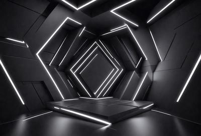 The primary subject of the image is a black and white photo of a room with a circular pattern on the walls. The setting is a dark room with a black background, and the visual style is a black and white photo. The dominant colors are black and white, and the overall atmosphere is mysterious and intriguing.