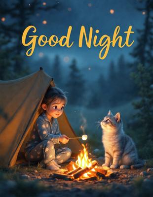 The primary subject of the image is a little girl sitting in a tent, smiling and enjoying her time. The setting is a forest, with trees visible in the background. The visual style is a digital art illustration, creating a warm and inviting atmosphere. The colors are predominantly warm and natural, with the little girl's outfit and the girl's smile being the main focus of the image.