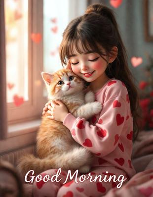 A young girl is holding a cat in her arms, both of them are smiling. The girl is wearing a pink shirt and the cat is orange. The scene is set in a room with a window in the background. The image is a digital art illustration.