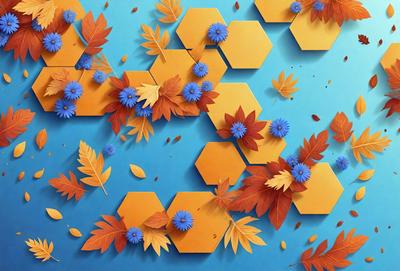 The primary subject of the image is a colorful and intricate design featuring a mix of blue, orange, and yellow hues. The design is composed of various shapes, including hexagons and leaves, creating a visually appealing pattern. The setting is a blue surface, which serves as the background for the artwork. The visual style of the image is a combination of digital art and illustration, showcasing the artist's creativity and attention to detail. The colors and mood of the image are vibrant and lively, evoking a sense of joy and energy.