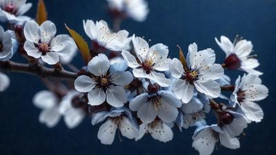 The primary subject of the image is a close-up of a tree filled with white flowers. The tree is in full bloom, and the flowers are scattered throughout the branches. The setting is a blue sky, which provides a beautiful backdrop for the tree and its flowers. The visual style of the image is a close-up, which emphasizes the details of the flowers and the tree. The colors and mood of the image are predominantly white and blue, creating a serene and peaceful atmosphere.
