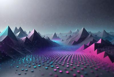 The primary subject of the image is a mountain range with a vibrant and colorful appearance. The setting is a dark, moody sky, which contrasts with the bright colors of the mountain range. The visual style is a combination of digital art and illustration, creating a unique and eye-catching scene. The dominant colors are pink, blue, and purple, giving the image a lively and energetic atmosphere.