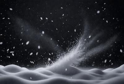 The primary subject of the image is a snowy scene with a large amount of snow falling. The setting is a dark background, which contrasts with the white snow. The visual style is a black and white photo, giving the image a classic and timeless appearance. The colors and mood of the image are predominantly dark and moody, with the snowy scene creating a dramatic and atmospheric effect.