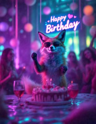 The primary subject of the image is a fox, which is standing on a table and appears to be celebrating a birthday. The setting is a party with a dining table and several people present. The visual style is a combination of photo and digital art, creating a unique and festive atmosphere. The colors are predominantly pink and purple, which are associated with birthdays and celebrations.
