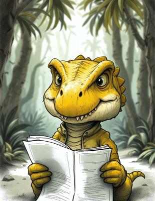 The primary subject of the image is a cartoon dinosaur, specifically a small alligator, sitting on the ground and reading a book. The setting is a forest, with trees visible in the background. The visual style is a combination of digital art and illustration, creating a whimsical and playful atmosphere. The colors are predominantly earth tones, with the alligator being yellow and the book being white.