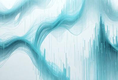 The primary subject of the image is a blue and white artistic representation of a waterfall. The setting is a white wall, and the visual style appears to be a combination of digital art and illustration. The dominant colors are blue and white, creating a serene and calming atmosphere.