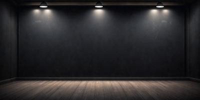 The primary subject of the image is a large, dark room with a black wall. The setting is a room with a wooden floor, and the visual style is a black and white photo. The dominant colors are black and white, creating a moody atmosphere.