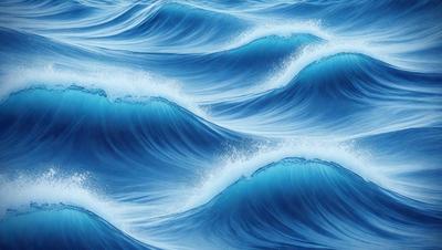 The primary subject of the image is a large body of blue ocean water. The setting is the open ocean, with no visible land or other objects in the background. The visual style is a digital art or illustration, as the water appears to be painted or drawn rather than a photograph. The dominant colors are blue and white, creating a serene and calming atmosphere.