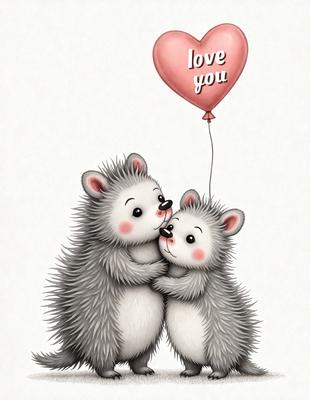 The image features two hedgehogs, one on the left and the other on the right, standing close to each other and hugging. They are both holding onto a heart-shaped balloon, which is floating above them. The scene is set against a white background, giving it a clean and simple appearance. The visual style of the image is a combination of digital art and illustration, creating a charming and playful atmosphere. The colors used in the image are predominantly pink and white, which adds to the overall warm and affectionate mood of the scene.