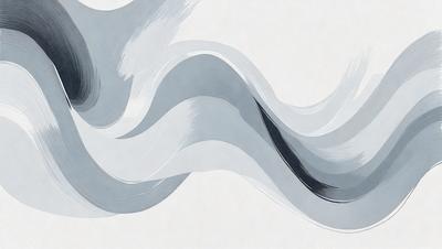 The primary subject of the image is a painting of a wave. The setting is a white background, and the visual style appears to be a digital art or illustration. The dominant colors in the painting are shades of gray, creating a calm and serene atmosphere.