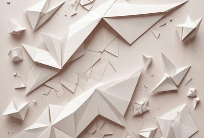 The primary subject of the image is a wall covered in a variety of white paper shapes, including triangles and other geometric patterns. The setting is a room with a pink background, which adds a warm and inviting atmosphere to the scene. The visual style is a combination of digital art and illustration, as the paper shapes are carefully crafted and arranged to create a visually appealing pattern. The colors and mood of the image are predominantly white and neutral, with the pink background providing a touch of warmth and vibrancy.