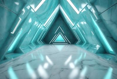 The primary subject of the image is a large, open, and empty room with a blue and white color scheme. The room features a marble floor and walls, giving it a luxurious and sophisticated appearance. The setting is a futuristic environment, possibly a space station or a high-tech building. The visual style of the image is a combination of photo and digital art, creating a unique and captivating atmosphere. The dominant colors in the scene are blue and white, which contribute to the overall mood of the image, which is both serene and inviting.