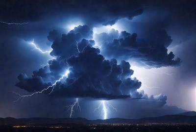 The primary subject of the image is a lightning bolt, which is captured in a dramatic and artistic manner. The lightning bolt is the focal point of the scene, and it is set against a dark, cloudy sky. The setting appears to be a cityscape, with buildings and lights visible in the background. The visual style of the image is a combination of photo and digital art, creating a striking and dynamic representation of the lightning bolt. The colors and mood of the image are intense and dramatic, with the lightning bolt serving as a powerful symbol of energy and force.