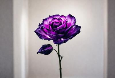 Purple rose with green leaves.