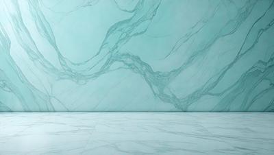 The primary subject of the image is a marble wall with a blue tint. The setting is a room with a white floor, and the visual style is a photo. The dominant colors are blue and white, creating a calm and sophisticated atmosphere.