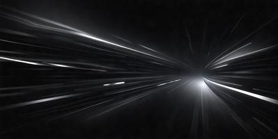 The primary subject of the image is a blurry, fast-moving object, possibly a spaceship or a vehicle, traveling through a dark, black background. The setting appears to be a night sky, with the object moving swiftly through the darkness. The visual style of the image is a black and white photo, which adds a sense of drama and intensity to the scene. The colors and mood of the image are predominantly dark and moody, with the fast-moving object creating a sense of motion and urgency.