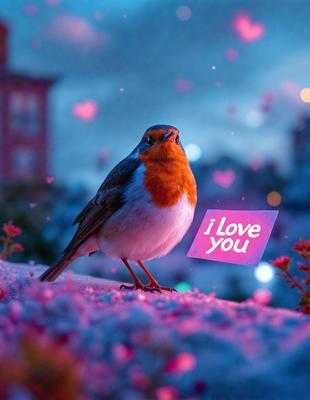 The primary subject of the image is a small bird, likely a robin, perched on a snowy surface. The bird is surrounded by a pink and purple background, which adds a sense of warmth and beauty to the scene. The visual style of the image is a combination of photo and digital art, creating a unique and eye-catching representation of the bird. The colors and mood of the image are predominantly pink and purple, giving it a romantic and serene atmosphere.