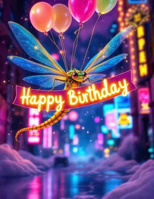 The primary subject of the image is a dragon-like creature with a birthday message. The dragon is flying in the sky, surrounded by a cityscape with buildings and lights. The visual style of the image is digital art, and the dominant colors are purple and pink, creating a festive and celebratory atmosphere.