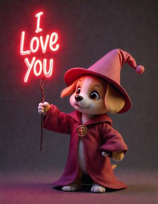 The primary subject of the image is a small stuffed dog dressed in a wizard's outfit, holding a red heart-shaped sign. The setting is a dark background, which contrasts with the bright colors of the dog and the sign. The visual style is a combination of digital art and illustration, creating a whimsical and playful atmosphere. The colors and mood are predominantly warm and inviting, with the red heart sign symbolizing love and affection.