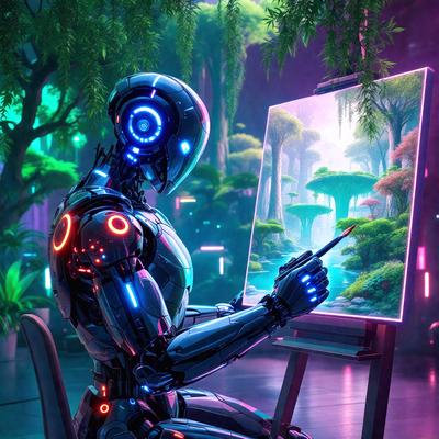The primary subject of the image is a robot, specifically a humanoid robot, sitting in front of a painting. The robot is wearing a silver suit and appears to be engaged in painting the picture. The setting is a room with a painting on the wall, and the visual style is a digital art or illustration. The colors and mood of the image are predominantly blue and purple, creating a calm and creative atmosphere.