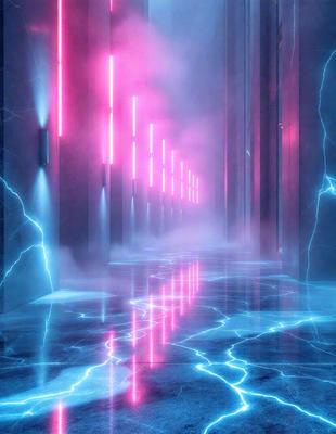 The primary subject of the image is a long hallway with a row of pink lights on the ceiling. The setting is a dark room with a blue floor, and the visual style appears to be a digital art or illustration. The dominant colors are pink and blue, creating a moody and atmospheric ambiance.