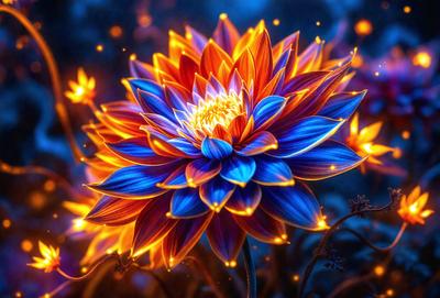 The primary subject of the image is a large, colorful flower with a blue and orange hue. The flower is the focal point of the scene, and it is surrounded by a vibrant and luminous background. The visual style of the image is a combination of photo and digital art, creating a unique and eye-catching representation of the flower. The colors and mood of the image are bright, vivid, and energetic, capturing the beauty and allure of the flower.