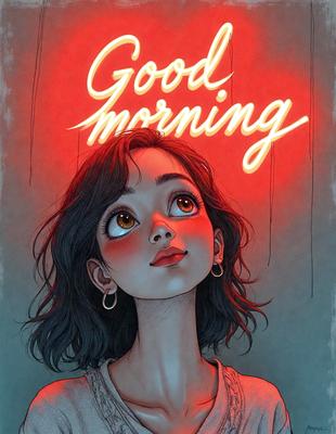 The primary subject of the image is a woman with long hair, wearing a white shirt and earrings. She is looking up and smiling, with a pink lipstick on her lips. The setting is a red background, which adds a vibrant and bold touch to the scene. The visual style is a digital art or illustration, showcasing the woman's features and expression in a detailed and artistic manner. The colors and mood of the image are predominantly warm and inviting, with the red background and the woman's smile creating a sense of happiness and positivity.