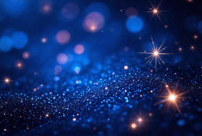 The primary subject of the image is a blue background with a pattern of bright, shining stars. The setting appears to be a night sky, with the stars being the main focus of the scene. The visual style of the image is a combination of a photo and digital art, creating a unique and captivating atmosphere. The colors and mood of the image are predominantly blue and serene, with the stars adding a sense of wonder and tranquility to the scene.