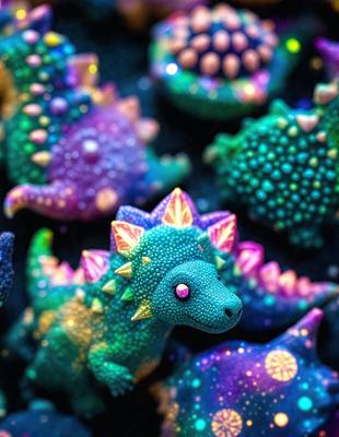 The primary subject of the image is a collection of colorful, light-up dinosaur toys. These toys are displayed in various positions, creating a visually engaging scene. The setting is a dark background, which contrasts with the vibrant colors of the toys. The visual style of the image is a combination of photo and digital art, as the toys are illuminated and the colors are vivid. The overall atmosphere of the image is playful and fun, with the toys capturing the viewer's attention.