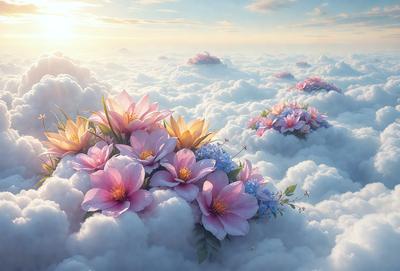 The primary subject of the image is a bouquet of flowers floating in a cloudy sky. The setting is a whimsical, dreamy environment with clouds and flowers. The visual style is a combination of photo and digital art, creating a surreal and imaginative atmosphere. The dominant colors are pink, blue, and white, which contribute to the overall mood of the scene.