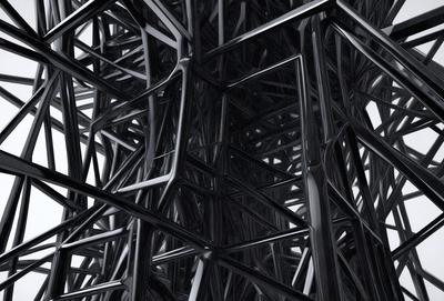 The primary subject of the image is a large, intricate metal sculpture. The setting is a black and white photo, which gives the image a classic and timeless appearance. The visual style is a combination of photo and digital art, creating a unique and captivating piece of art. The colors and mood of the image are predominantly black and white, with a sense of depth and complexity in the metal sculpture.