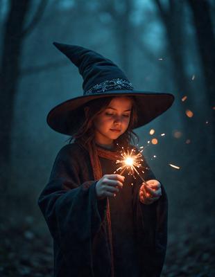 The primary subject of the image is a young girl wearing a witch's hat and holding a sparkler. She is standing in a dark forest, which serves as the setting for the scene. The visual style of the image is a photo, capturing the girl's playful moment. The dominant colors in the image are dark and moody, creating a mysterious and enchanting atmosphere.