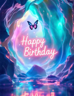 Happy Birthday: [The main object, scene, or focus of the image is a butterfly flying in a colorful, swirling, and vibrant background. The setting is a cave-like environment, and the visual style is a digital art or illustration. The dominant colors are pink, blue, and purple, creating a warm and celebratory atmosphere.]