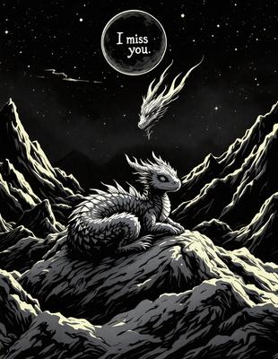 The primary subject of the image is a dragon, which is sitting on a rocky surface. The setting is a nighttime scene with a dark sky, and the visual style is a black and white illustration. The dominant colors are black and white, creating a moody atmosphere.