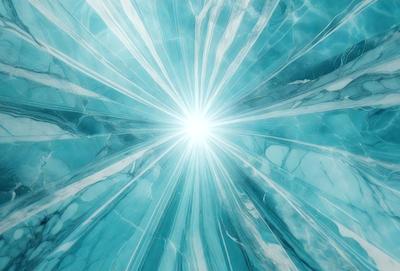 The primary subject of the image is a bright light source, possibly a sun or a light bulb, shining through a blue and white marbled surface. The setting appears to be a room with a blue and white marbled wall, which adds a unique and visually appealing backdrop to the scene. The visual style of the image is a combination of photo and digital art, creating a striking and eye-catching effect. The colors and mood of the image are predominantly blue and white, with a sense of brightness and freshness.